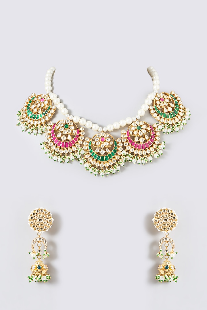 Gold Finish Multi-Colored Kundan Polki Necklace Set by Kreart at Pernia's Pop Up Shop