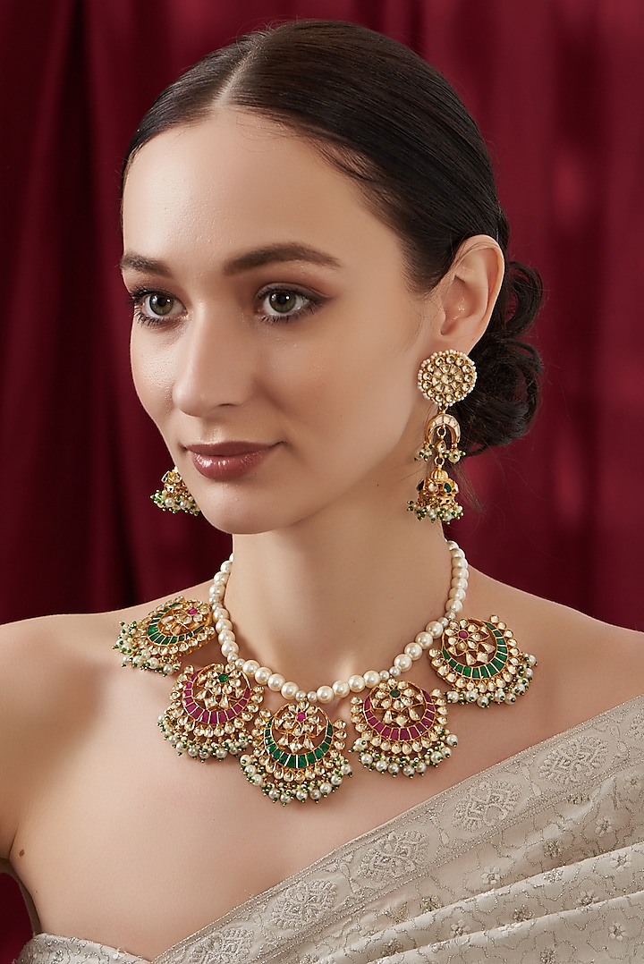 Gold Finish Multi-Colored Kundan Polki Necklace Set by Kreart