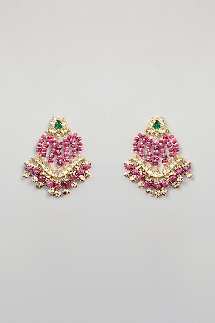 Gold Finish Kundan Polki & Ruby Beaded Chandbali Earrings by Kreart at Pernia's Pop Up Shop