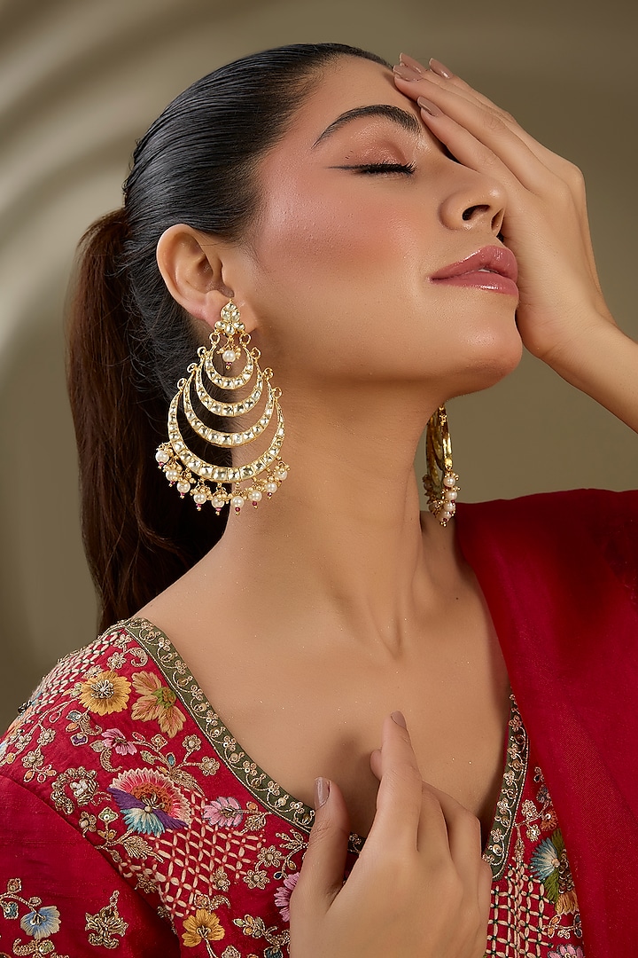 Gold Finish Kundan Polki & Pear Beaded Chandbali Earrings by Kreart at Pernia's Pop Up Shop