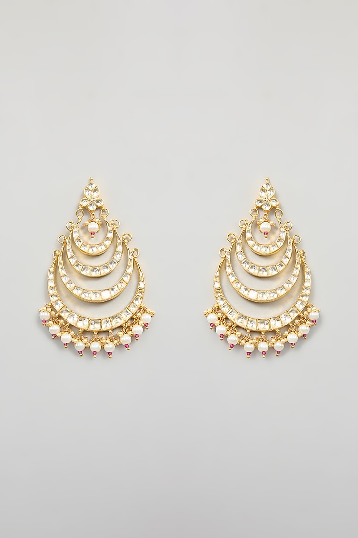 Gold Finish Kundan Polki & Pear Beaded Chandbali Earrings by Kreart at Pernia's Pop Up Shop