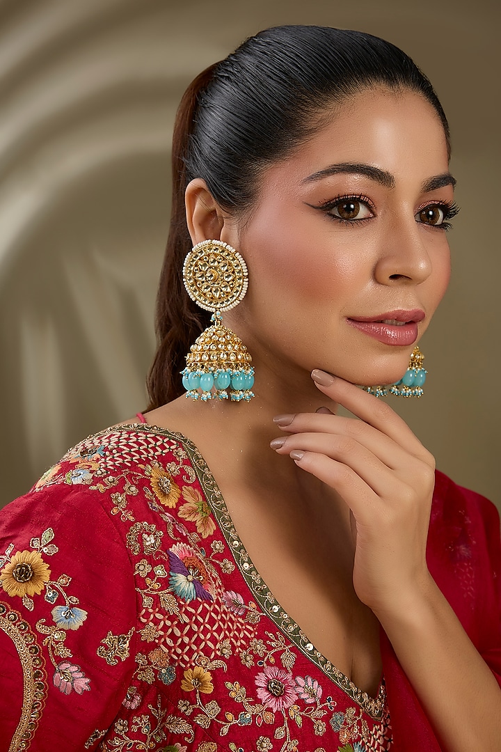 Gold Finish Kundan Polki & Blue Beaded Jhumka Earrings by Kreart at Pernia's Pop Up Shop