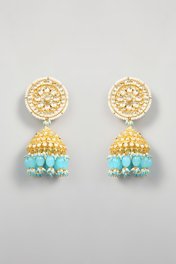 Gold Finish Kundan Polki & Blue Beaded Jhumka Earrings by Kreart at Pernia's Pop Up Shop