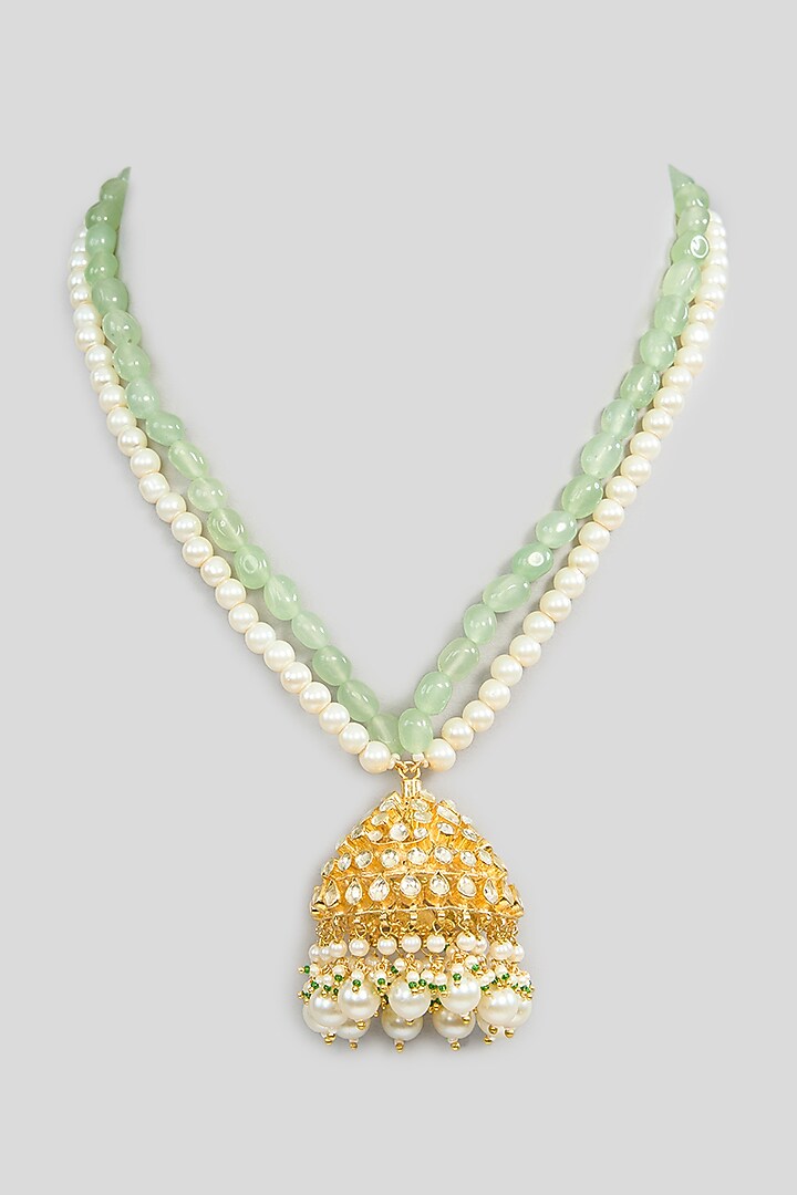 Gold Finish Kundan Polki & Pearl Long Pendant Necklace by Kreart at Pernia's Pop Up Shop