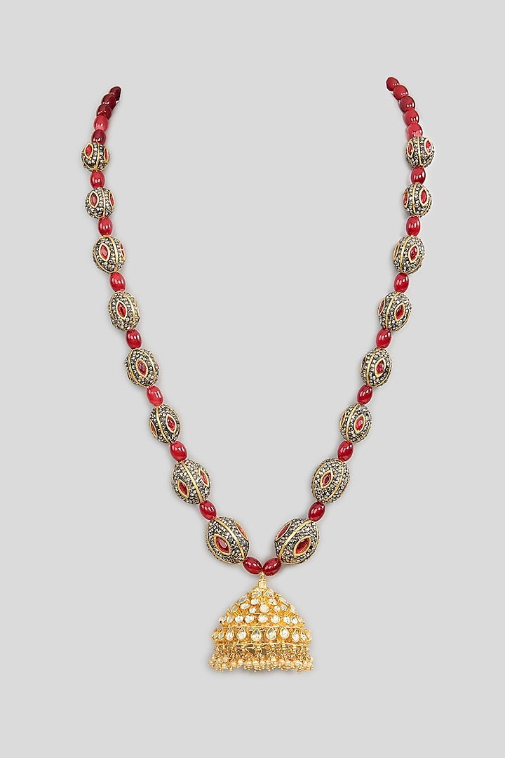 Gold Finish Kundan Polki & Black Stone Long Pendant Necklace  by Kreart at Pernia's Pop Up Shop