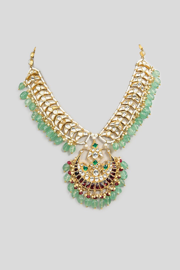 Gold Finish Kundan Polki & Green Beaded Necklace by Kreart at Pernia's Pop Up Shop
