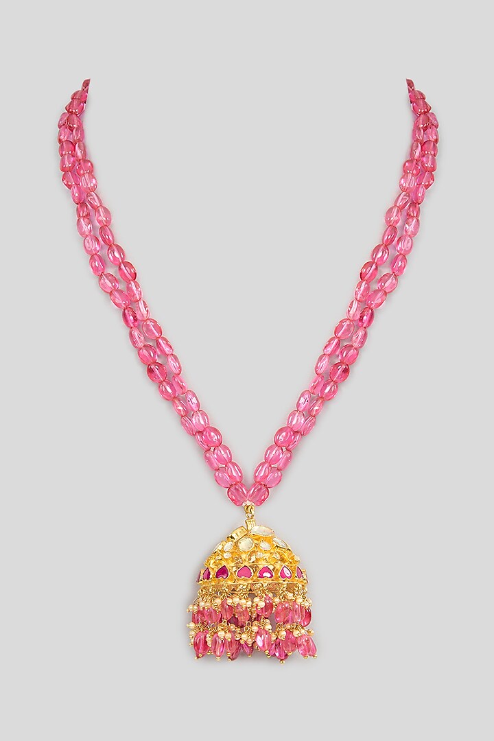 Gold Finish Kundan Polki & Pink Tourmaline Long Pendant Necklace by Kreart at Pernia's Pop Up Shop