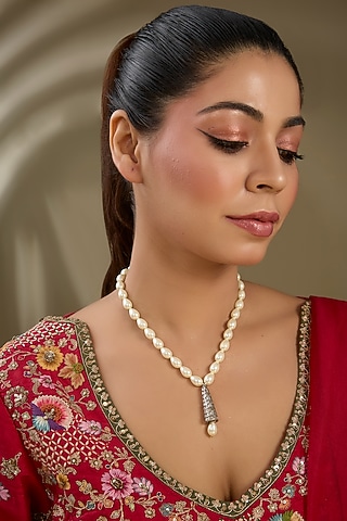 White Finish Zircon & Pearl Drop Pendant Necklace by Kreart