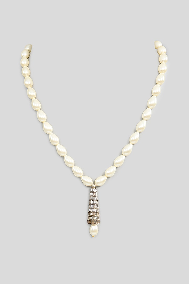 White Finish Zircon & Pearl Drop Pendant Necklace by Kreart at Pernia's Pop Up Shop