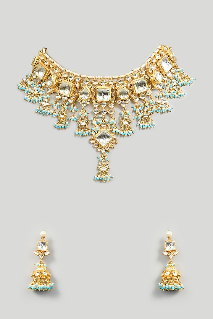 Gold Finish Kundan Polki & Firoza Beaded Choker Necklace Set by Kreart at Pernia's Pop Up Shop