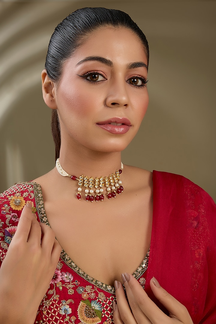 Gold Finish Kundan Polki & Red Beaded Choker Necklace by Kreart at Pernia's Pop Up Shop