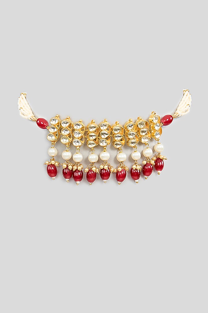 Gold Finish Kundan Polki & Red Beaded Choker Necklace by Kreart at Pernia's Pop Up Shop