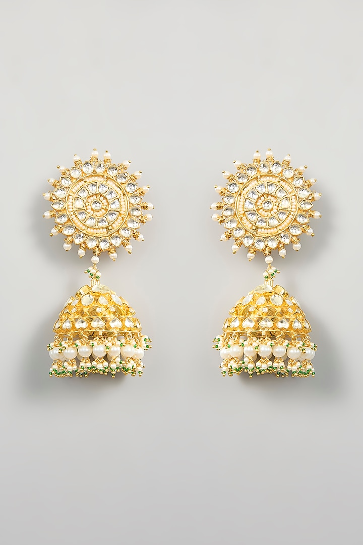 Gold Finish Kundan Polki & Beaded Jhumka Earrings by Kreart at Pernia's Pop Up Shop