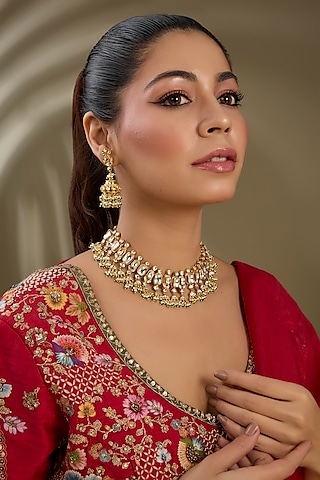 Gold Finish Kundan Polki & Green Beaded Choker Necklace Set by Kreart