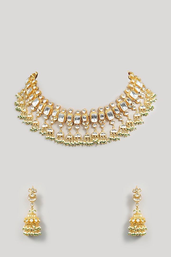 Gold Finish Kundan Polki & Green Beaded Choker Necklace Set by Kreart at Pernia's Pop Up Shop