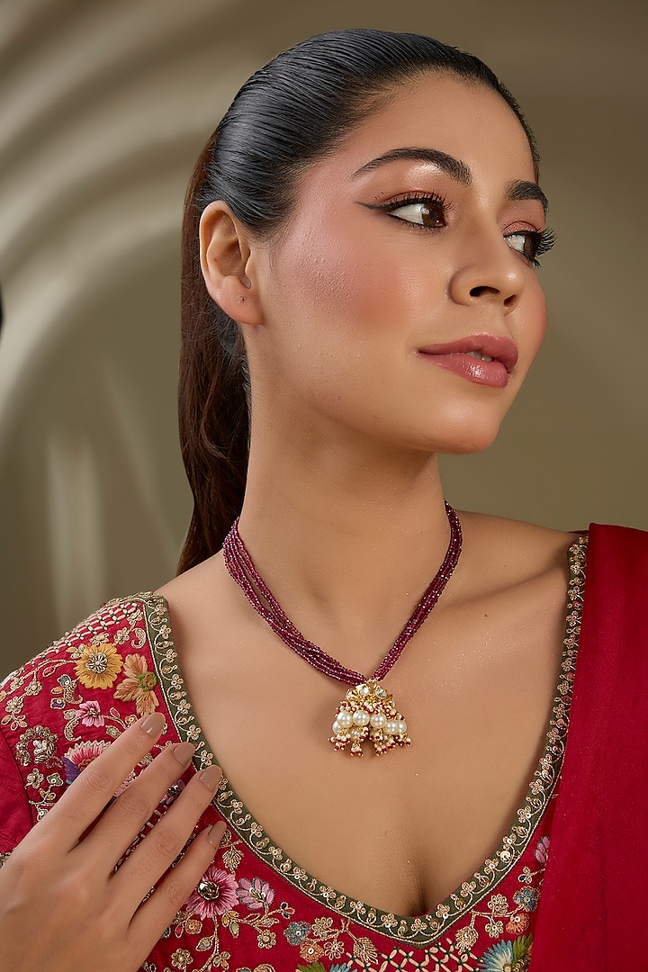 Gold Finish Kundan Polki & Red String Pendant Necklace by Kreart at Pernia's Pop Up Shop