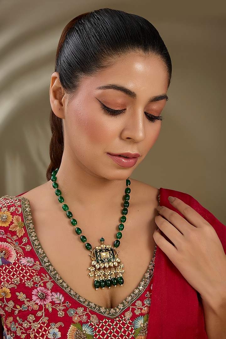 Gold Finish Kundan Polki Green Enameled Pendant Nath by Kreart at Pernia's Pop Up Shop