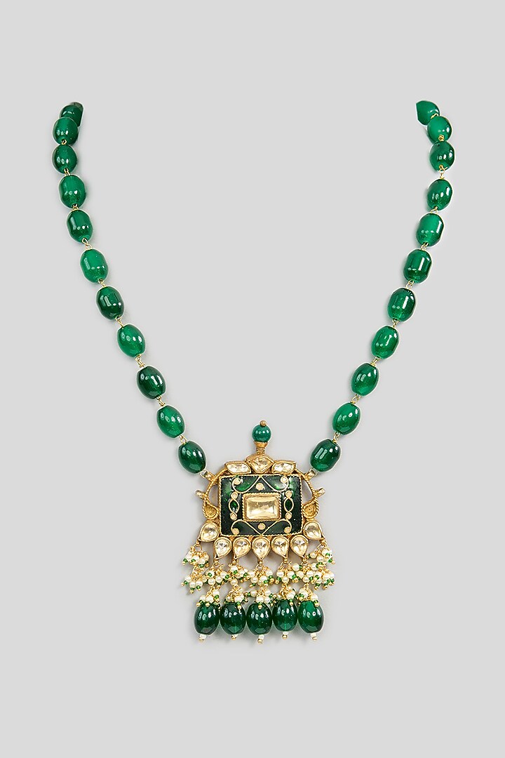 Gold Finish Kundan Polki Green Enameled Pendant Nath by Kreart at Pernia's Pop Up Shop