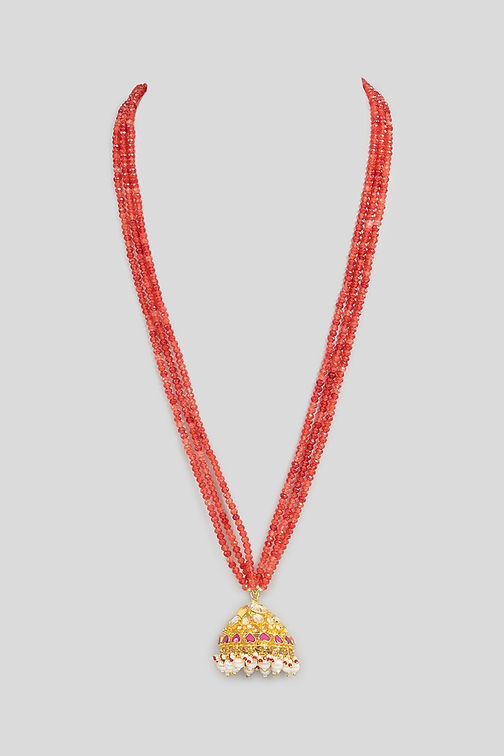 Gold Finish Kundan Polki & String Long Pendant Necklace by Kreart at Pernia's Pop Up Shop