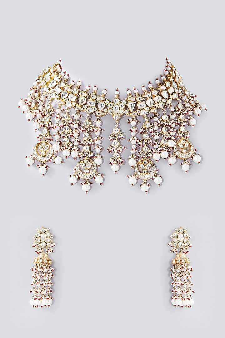 Gold Finish Kundan Polki & Red Beaded Choker Necklace Set by Kreart at Pernia's Pop Up Shop