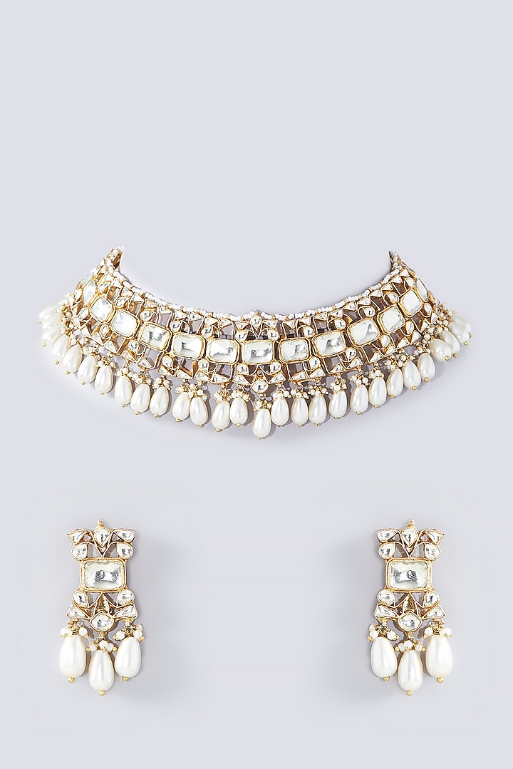 Gold Finish Kundan Polki Choker Necklace Set by Kreart at Pernia's Pop Up Shop