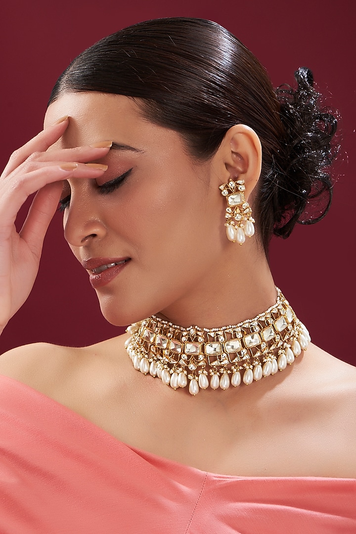 Gold Finish Kundan Polki Choker Necklace Set by Kreart at Pernia's Pop Up Shop