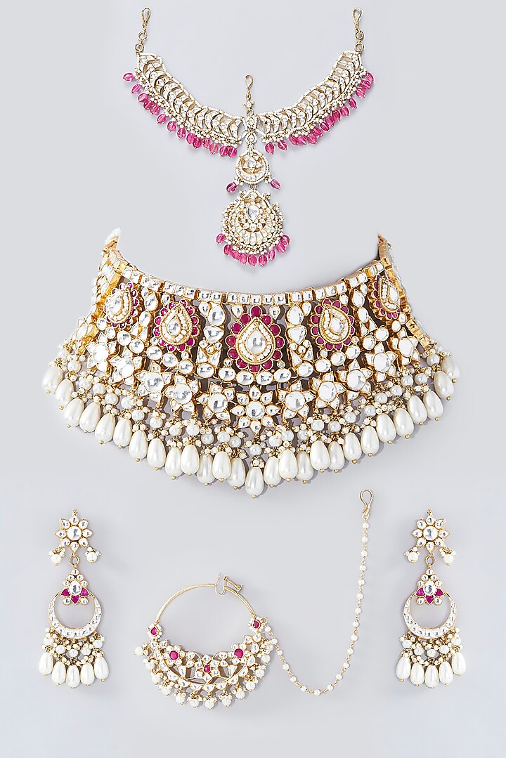 Gold Kundan Polki & Ruby Choker Necklace Set by Kreart at Pernia's Pop Up Shop