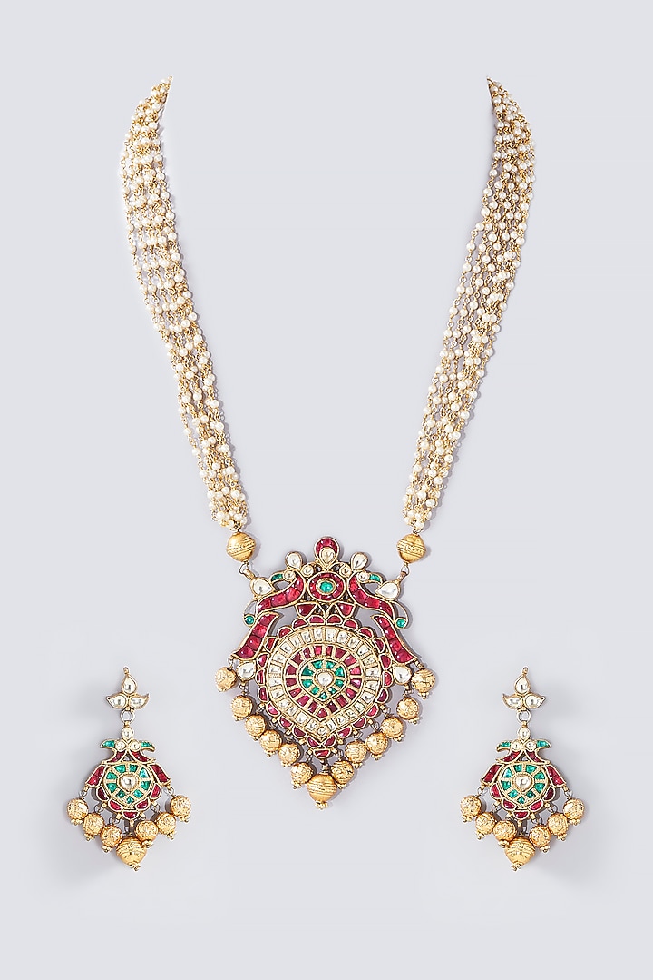 Gold Finish Kundan Polki & Multi-Colored Stone Pendant Necklace by Kreart at Pernia's Pop Up Shop