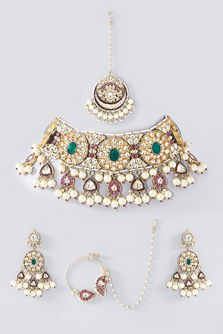 Gold Finish Multi-Colored Kundan Polki Enameled Choker Necklace Set by Kreart at Pernia's Pop Up Shop