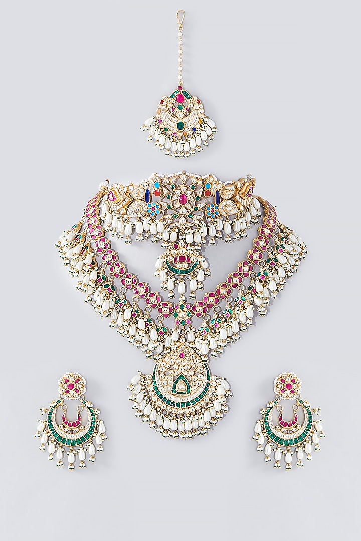 Gold Finish Multi-Colored Kundan Polki Choker Necklace Set by Kreart at Pernia's Pop Up Shop