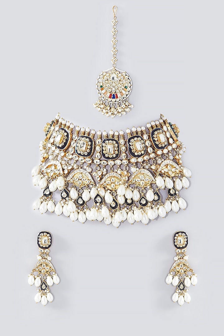 Gold Finish Multi-Colored Kundan Polki Choker Necklace Set by Kreart at Pernia's Pop Up Shop