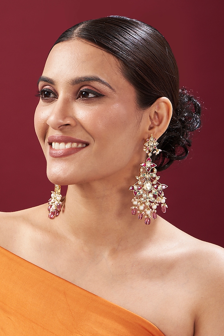 Gold Finish Multi-Colored Kundan Polki Chandbali Earrings by Kreart at Pernia's Pop Up Shop