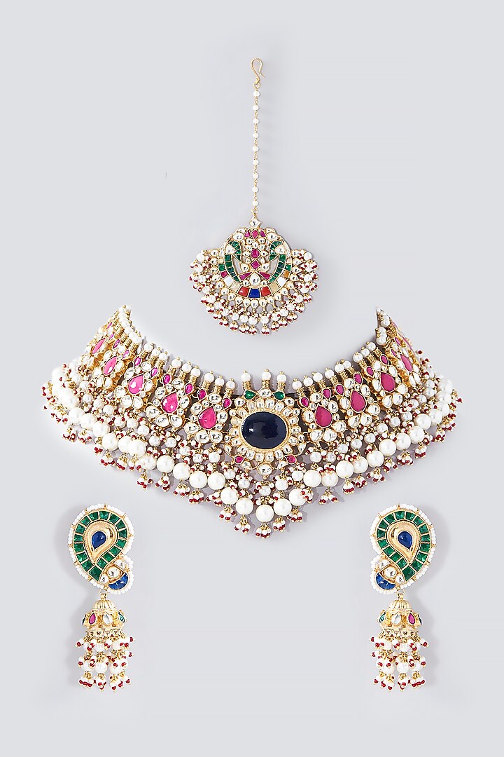 Gold Finish Multi-Colored Kundan Polki Choker Necklace Set by Kreart at Pernia's Pop Up Shop