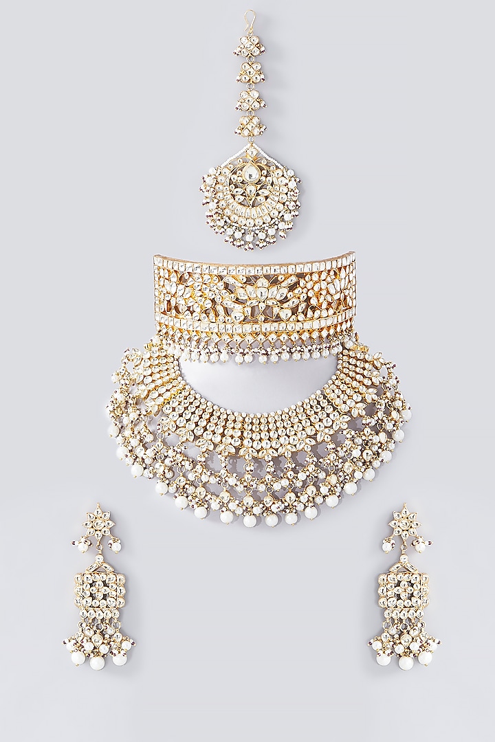 Gold Finish Kundan Polki & Beaded Choker Necklace Set by Kreart at Pernia's Pop Up Shop