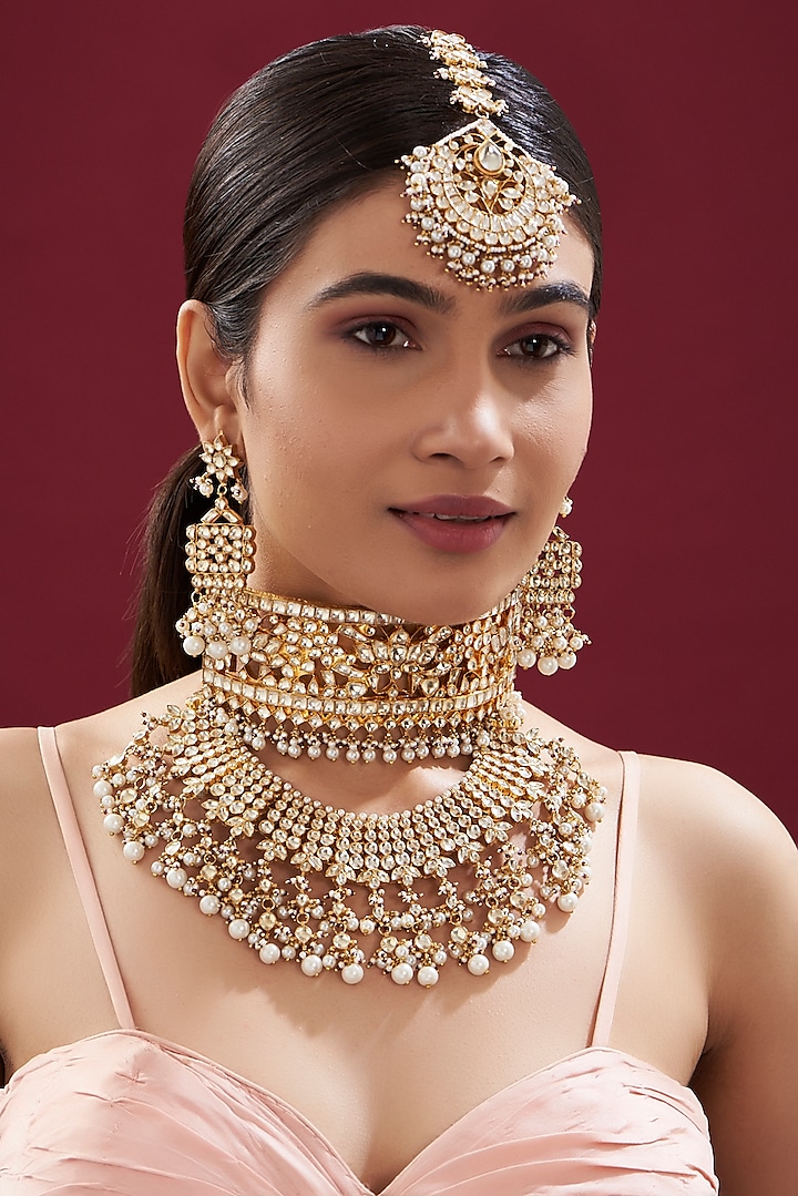 Gold Finish Kundan Polki & Beaded Choker Necklace Set by Kreart