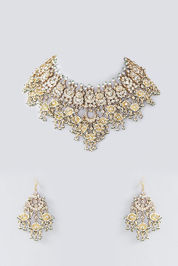 Gold Finish Kundan Polki & Green Bead Choker Necklace Set by Kreart at Pernia's Pop Up Shop