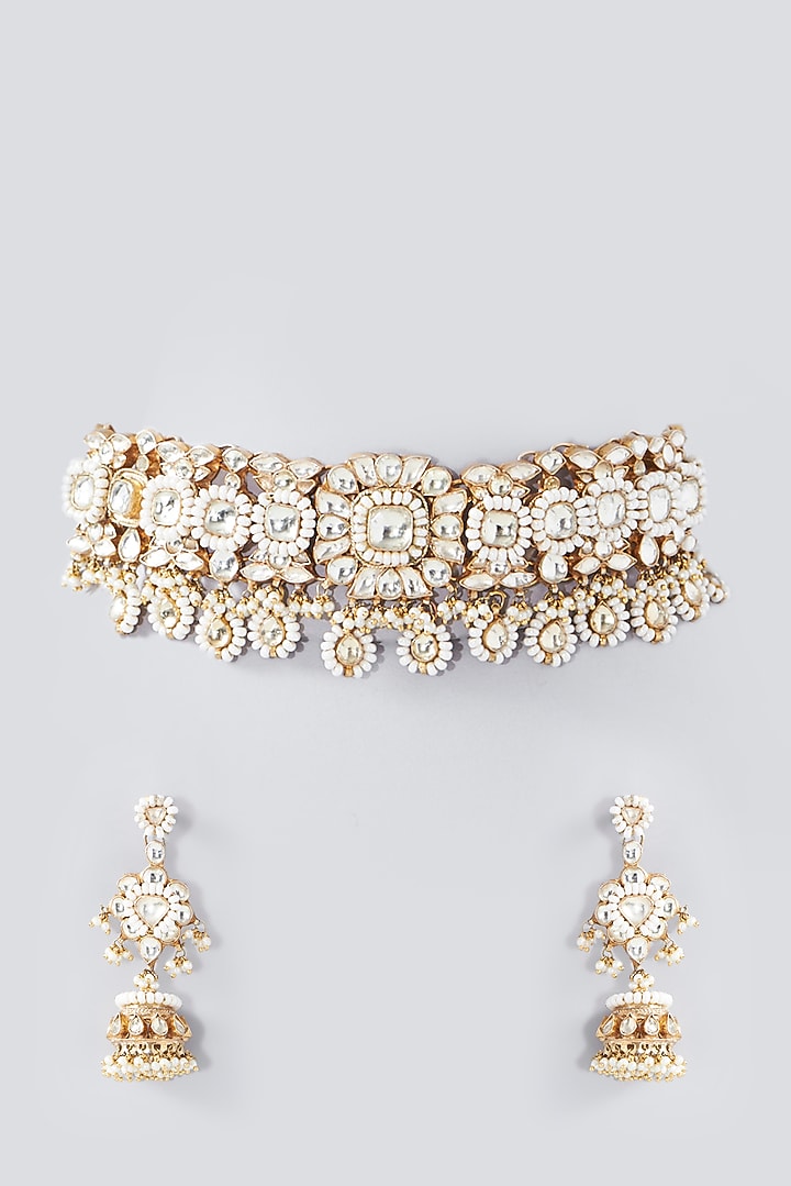 Gold Finish Kundan Polki Choker Necklace Set by Kreart at Pernia's Pop Up Shop