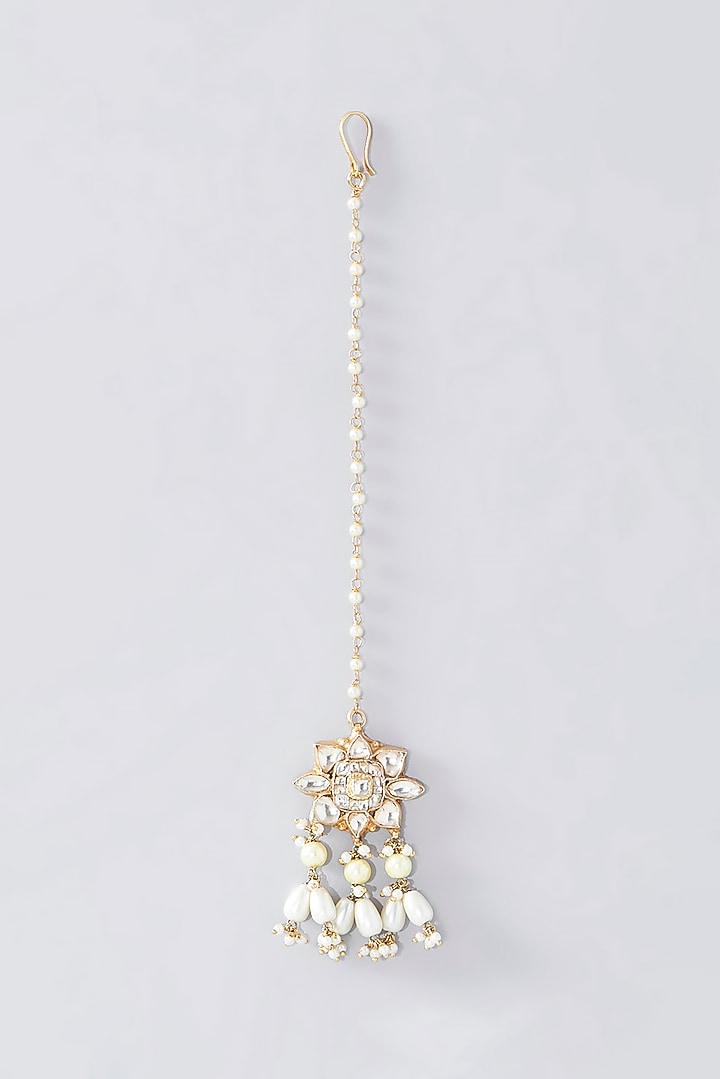 Gold Finish Kundan Polki & White Beaded Choker Necklace Set by Kreart at Pernia's Pop Up Shop