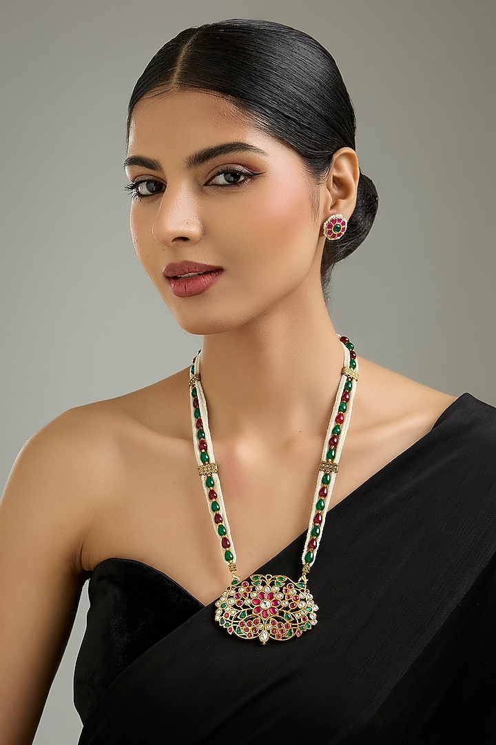 Gold Finish Multi-Colored Jadau Stone Long Pendant Necklace Set by Kreart at Pernia's Pop Up Shop