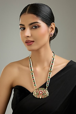 Gold Finish Multi-Colored Jadau Stone Long Pendant Necklace Set by Kreart