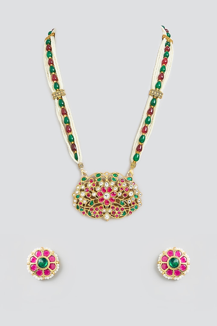 Gold Finish Multi-Colored Jadau Stone Long Pendant Necklace Set by Kreart at Pernia's Pop Up Shop
