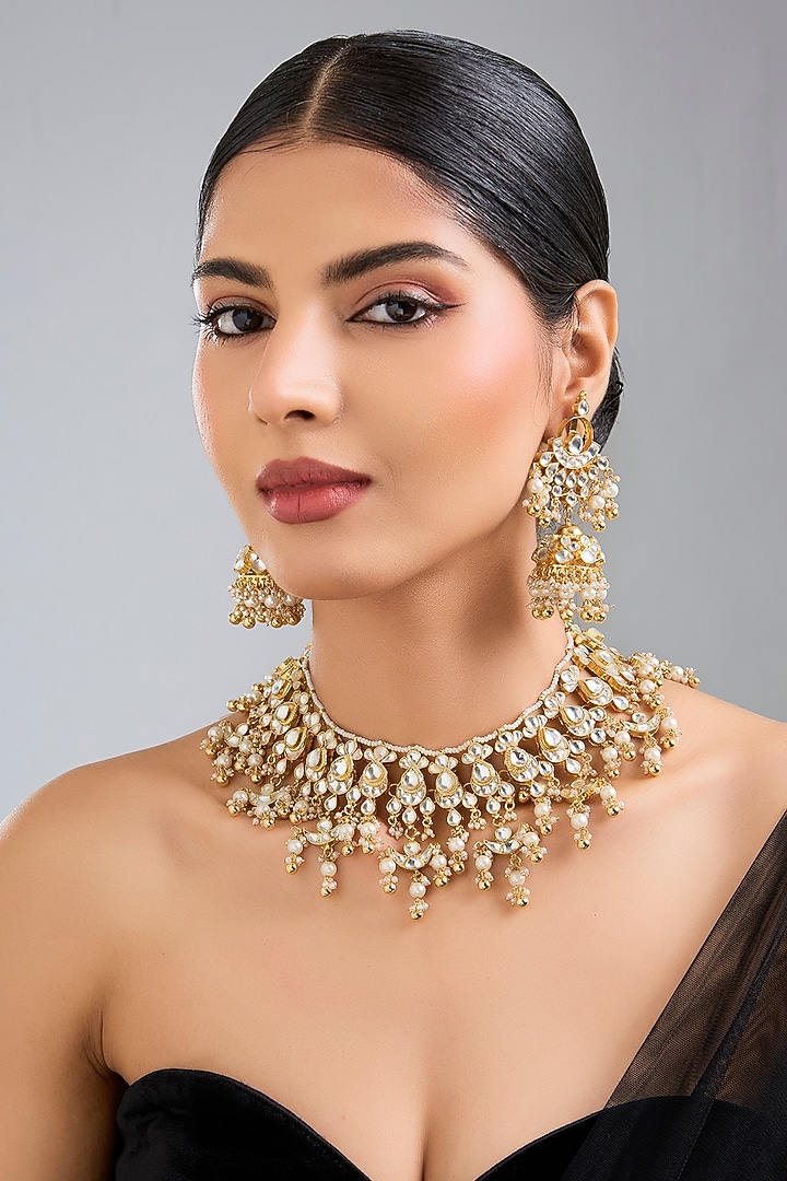 Gold Finish Kundan Polki & Pearl Beaded Necklace Set by Kreart at Pernia's Pop Up Shop