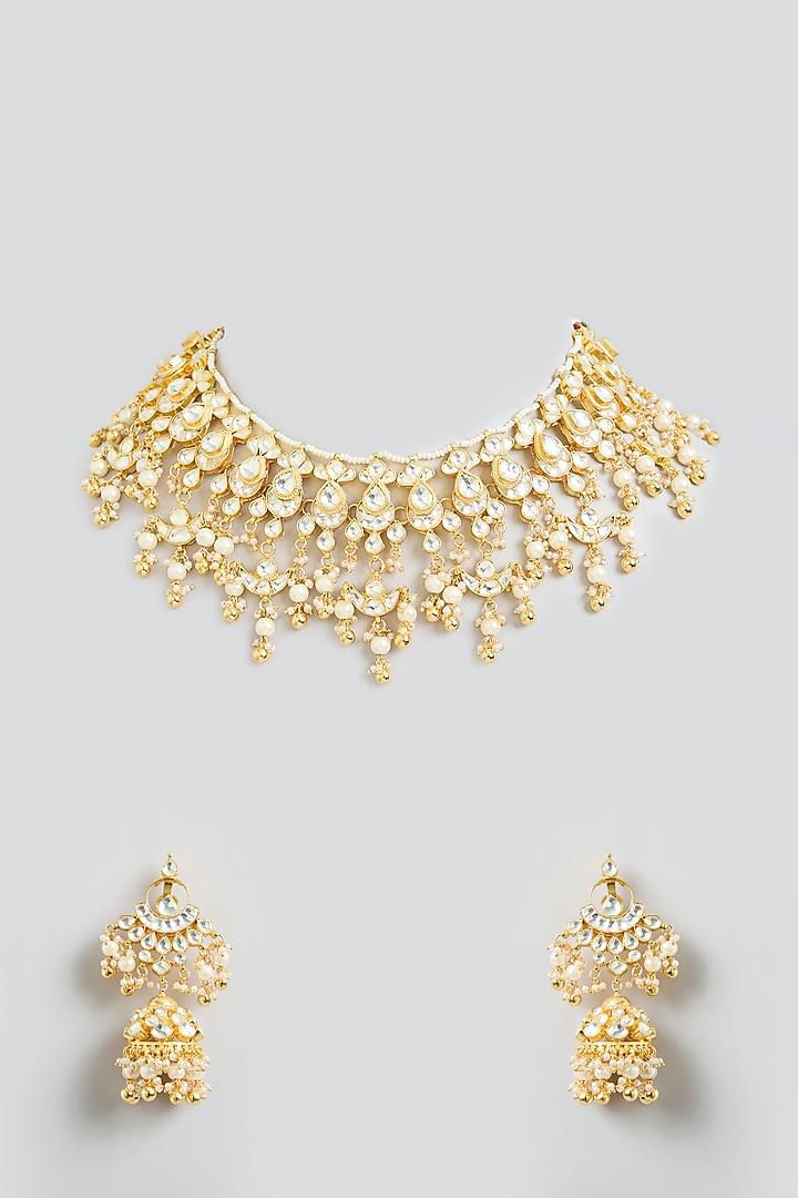 Gold Finish Kundan Polki & Pearl Beaded Necklace Set by Kreart at Pernia's Pop Up Shop