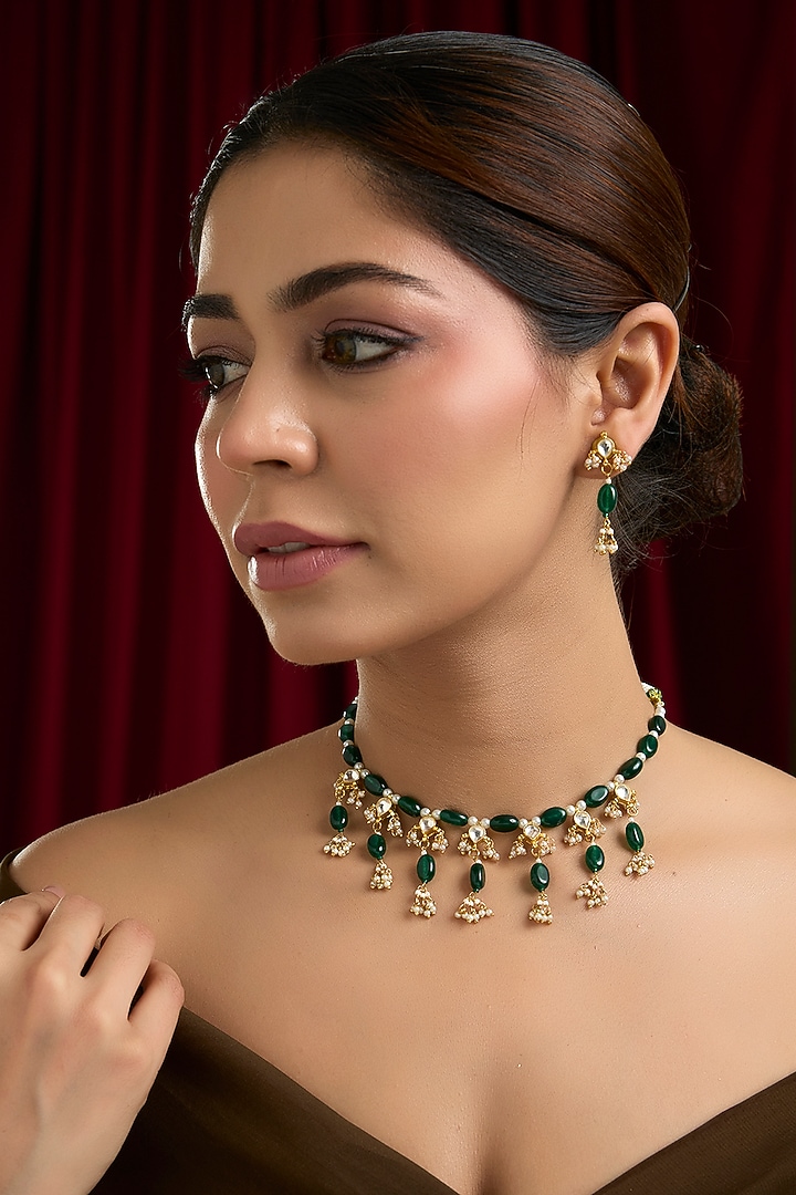 Gold Finish Kundan Polki & Pearl Beaded Necklace Set by Kreart at Pernia's Pop Up Shop