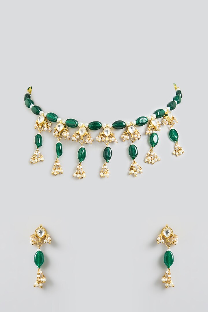 Gold Finish Kundan Polki & Pearl Beaded Necklace Set by Kreart at Pernia's Pop Up Shop