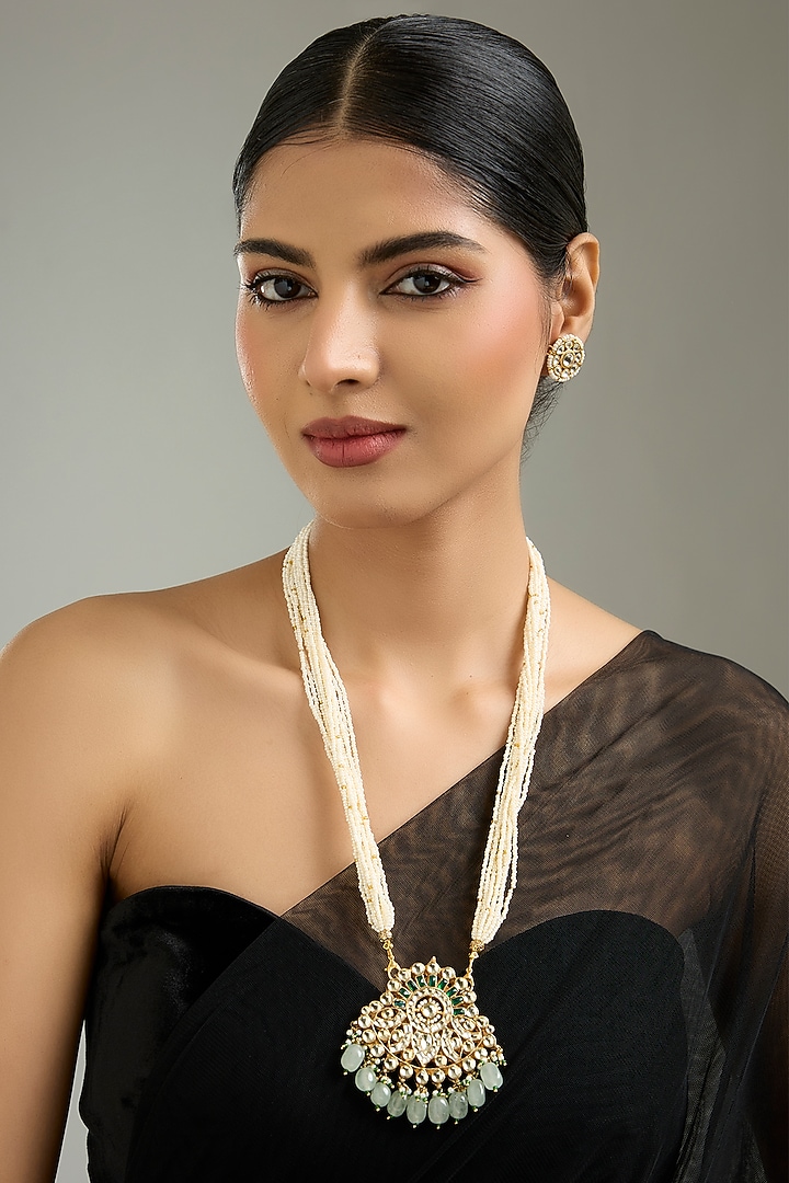 Gold Finish Kundan Polki & Pear String Pendant Necklace Set by Kreart at Pernia's Pop Up Shop
