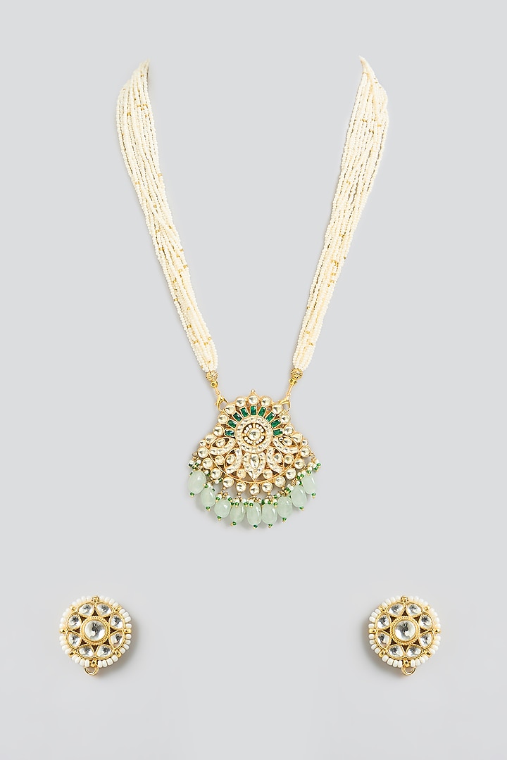 Gold Finish Kundan Polki & Pear String Pendant Necklace Set by Kreart at Pernia's Pop Up Shop