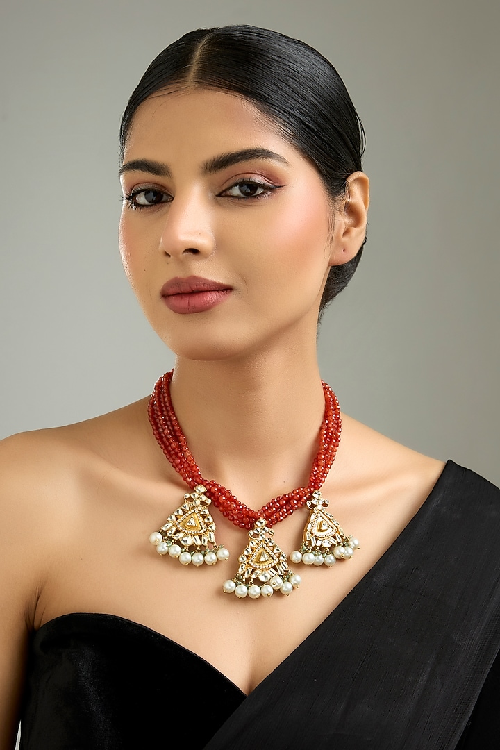 Gold Finish Kundan Polki & Aadi Work Necklace by Kreart at Pernia's Pop Up Shop