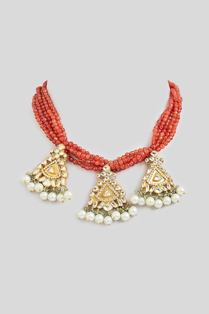 Gold Finish Kundan Polki & Aadi Work Necklace by Kreart at Pernia's Pop Up Shop