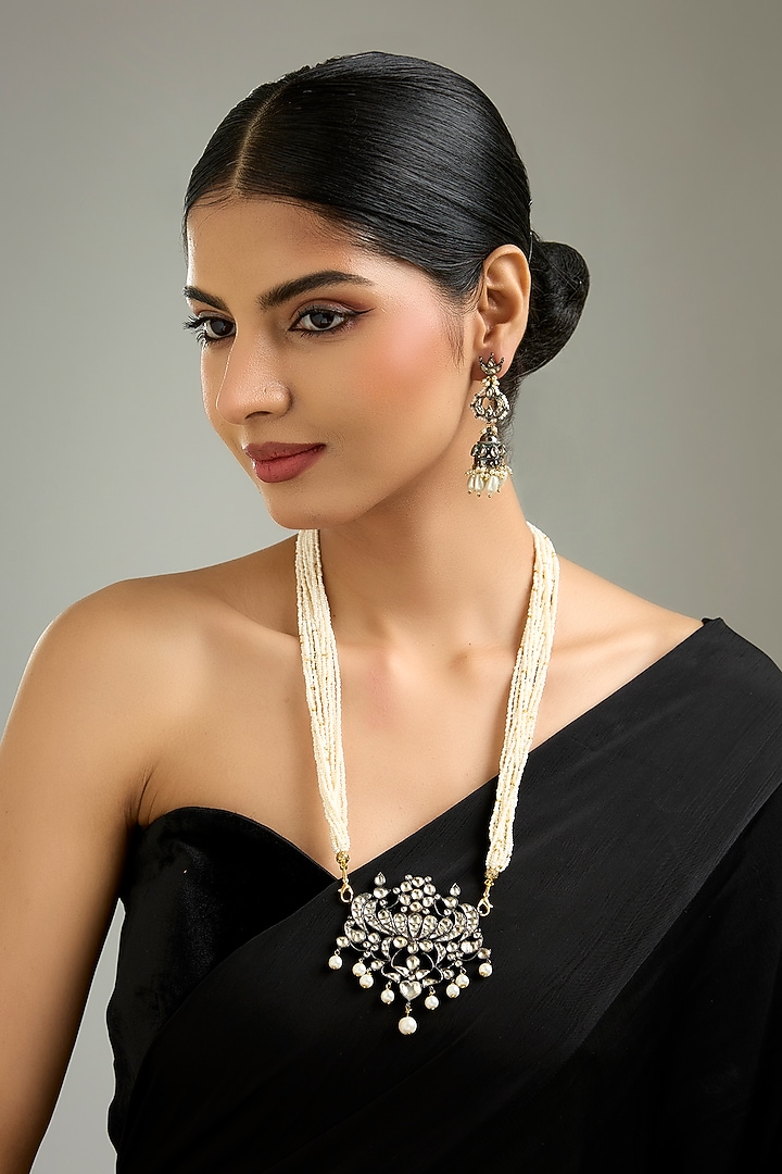 Gold Finish Kundan Polki & Pearl String Pendant Necklace Set by Kreart at Pernia's Pop Up Shop